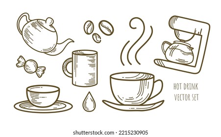Vector drink brewing utensils set. Drip coffee maker. Hot tea in small cute cup. Decorative art elements for cafe menu layout design. Graphic food icons collection. Linear drawing. Break. Fresh grain.
