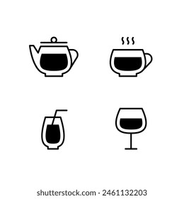 Vector drink design templates. Restaurant beverage icon set. Flat cafe menu symbol illustrations. Pictograms for coffee mug, tea cup, teapot, wine, juice, cocktail, soda, lemonade