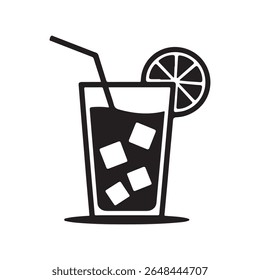 Vector drink featuring black and white icon of a tall glass with ice cubes and a lemon slice....