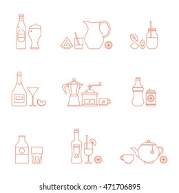 Vector drink icon set. Thin line style design. Serving beverages in ware. Part 2