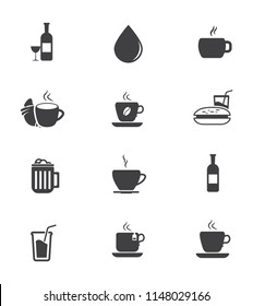 vector Drink icons - beer glass, coffee cup, wine, soda and juice beverage - water bottle