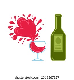 Vector drink icons. Bottle and glass. Wine alcohol party. Wine glass with red wine.