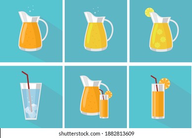 Vector drink icons set on blue background. Drinks and beverages icon set. Natural fresh orange juice in a glass, in a jug. Iced water in a glass. Flat shadows