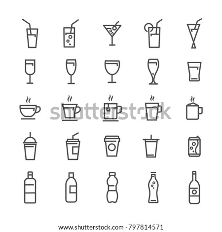vector drink lines icons set grey on white background