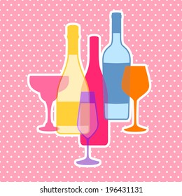 Vector drink menu design with wine bottle and glasses for restaurant, cafe or bar