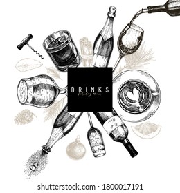 Plantilla de menú de bebida vectorial. Vino detallado a mano, champán, vino a la parrilla, café, cerveza, sidra. Diseño de moda navideña. Para el menú de bebidas vacacionales, restaurante, promoción de tiendas, merchandising de marca