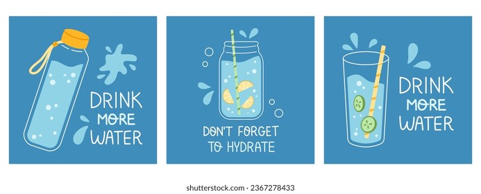 Vector drink more water illustration set. Trendy water dark poster or banner compositions. Cards collection of glass, jar and bottle of water. Dont forget to hydrate. Dark blue background.