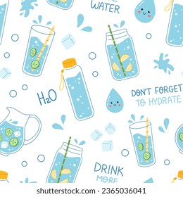 Vector drink more water seamless pattern. Trendy water print with glass, jar, jug and bottle of water with cucumber and lemon on white background. Dont forget to hydrate. Wrapping design.