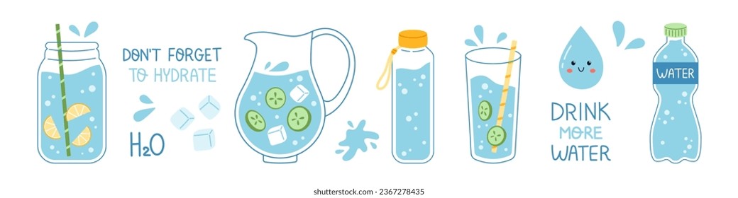 Vector drink more water set. Trendy water banner. Collection of glass, jar, bottle and jug of clean water with slice of cucumber and lemon. Dont forget to hydrate.