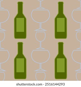 Vector drink seamless pattern. Bottles and glasses seamless texture. Wine alcohol background.
