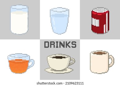 Vector of drinks or beverage set. Milk, drinking water, soda, tea, coffee and hot chocolate in pixel art style. 