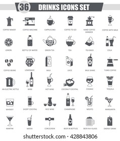 Vector Drinks black icon set. Dark grey classic icon design for web