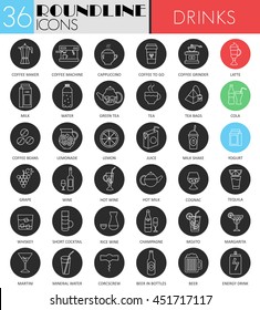 Vector Drinks circle white black icon set. Tea, Alcohol, Juice, coffee drinks modern line black icon design for web