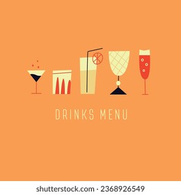 Vector drinks menu design with cocktail glasses. Modern flat design with orange background.