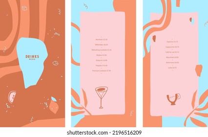 Diseño del menú de bebidas vectoriales. Plantilla creativa. Líneas, formas decorativas abstractas. Composición del restaurante al aire libre, bar de la piscina