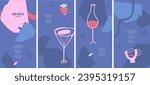 Vector drinks menu design template. Coffee. Wine. Cocktail. Set. For art template design, list, banner, booklet, flyer, card, poster. Abstract shape and lines. Pink and blue colors. For bar, cafe.