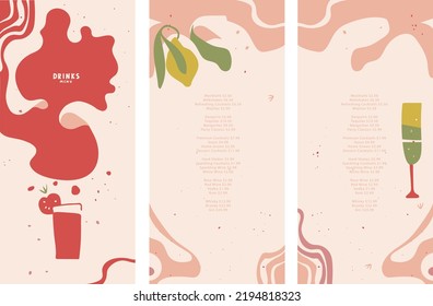 Vector drinks menu design template. Creative template. Lines, abstract decorative shapes. List, banner, booklet, flyer, brochure. Layout for outdoor restaurant, pool bar