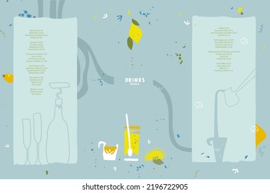 Vector drinks menu design template.  Ingredients for drinks,  lines, decor elements, abstract decorative shapes. List, banner, booklet, flyer, brochure, poster, layout