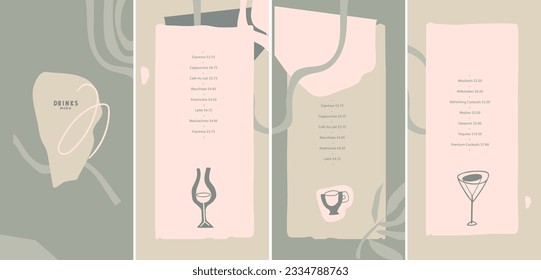 Vector drinks menu design template. Linear abstraction. List, banner, booklet, flyer, brochure. Layout for outdoor restaurant, bar and cafe on the beach by ocean, in the forest, in tropical jungle