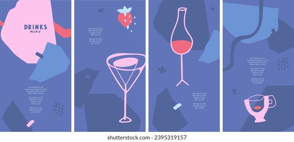 Vector drinks menu design template. Coffee. Wine. Cocktail. Set. For art template design, list, banner, booklet, flyer, card, poster. Abstract shape and lines. Pink and blue colors. For bar, cafe.