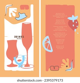 Vector drinks menu design template. Coffee. Wine. Cocktail. Champagne. 60s-70s. Groovy style. List, banner, booklet, flyer, brochure, poster, price. Abstract shape and lines. For bar, cafe, restaurant