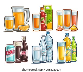 Vector Drinks Set, lot collection of cut out illustrations orange juice, natural drink in carton package, still life with sliced fruits, cartoon design cola set and drinking water on white background.