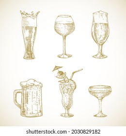 Vector Drinks Sketches Set. Hand Drawn Collection of Illustrations of Wine Glass, Beer Mugs and Cocktail Beverage. Isolated.