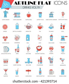 Vector Drinks ultra modern outline flat line icons for web and apps. Tea, Alcohol, Juice, coffee drinks