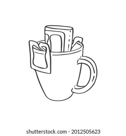 Vector drip coffee bag in the cup, hand drawn illustration isolated on white background