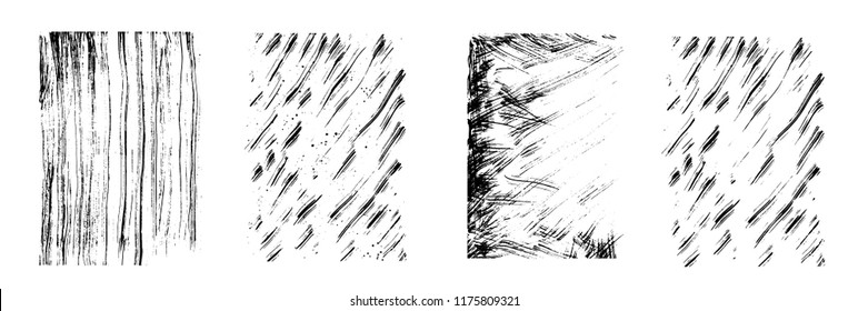 Vector drips of black ink. Vertical and diagonal lines, drops and splashes. Different size. Dry brush texture. Set of four unique patterns