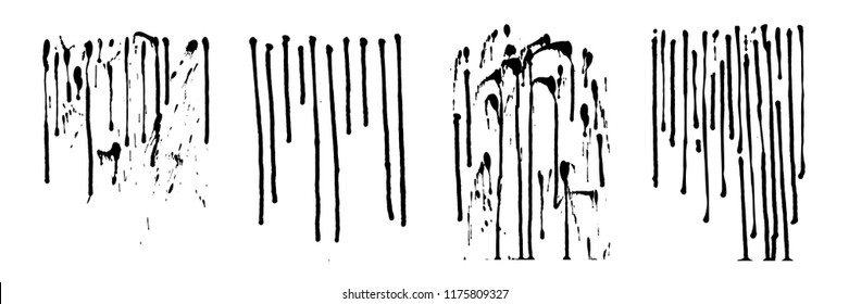 Vector drips of black ink. Vertical lines, drops and splashes. Different size. Set of four unique patterns