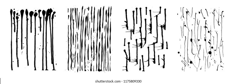Vector drips of black ink. Vertical lines, drops and splashes. Different size. Set of four unique patterns