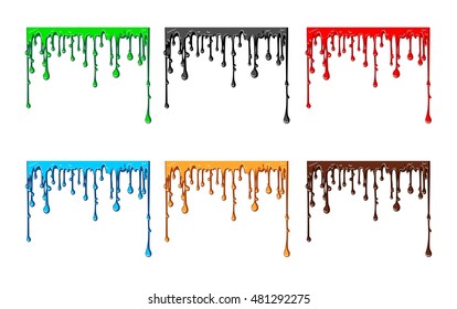 Vector drips and drops of blood, oil, water, honey, chocolate, mucus on a white background.