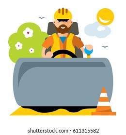 Vector Driver of road roller. Flat style colorful Cartoon illustration.