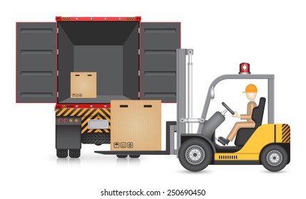 Vector of driver sorting cardboard box on pallet into storage of cargo container on truck by forklift or equipment for logistic, shipping and delivery. Freight transport and distribution industry.