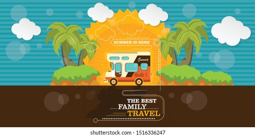 Vector of driving campers rv on road in the trees. Family summer vacation travel, holiday trip concept