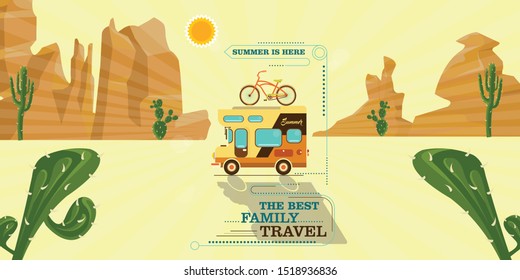 Vector of driving campers rv on road in the trees. Family summer vacation travel, holiday trip concept