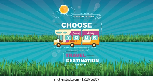 Vector of driving campers rv on road in the trees. Family summer vacation travel, holiday trip concept