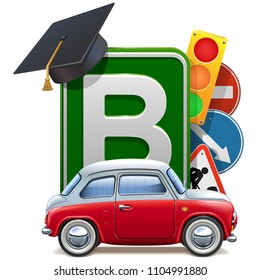 Vector Driving School Concept with Automobile isolated on white background