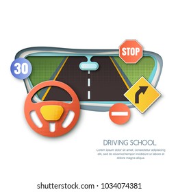 Vector driving school concept. Road, car steering wheel, traffic signs paper cut style isolated illustration. View out of automobile window. Banner, flyer or poster design elements.