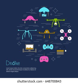 Vector drone icons on a white background. Digital flying copters with action cameras.