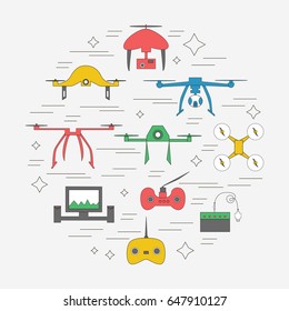 Vector drone icons. Round design concept on a white background. Digital flying copters with action cameras.