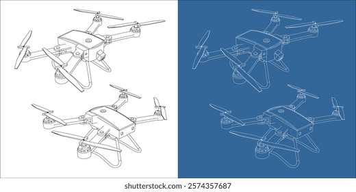 vector drone or quadcopter isometric view line blueprint wireframe technical drawing isolated on transparent background