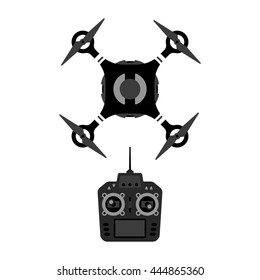 Vector drone and remote control device illustration. Quadrocopter top view.