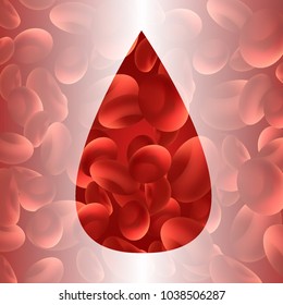 Vector. Drop. Blood cells under a microscope. 3d, illustration. Red blood cells with a strong increase.