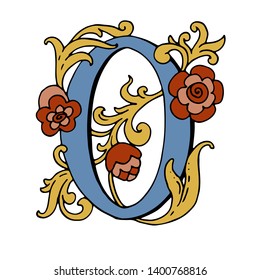 Vector drop cap. English letter O with Russian ornament. For a fabulous design. Capital letter. Making books with fairy tales.