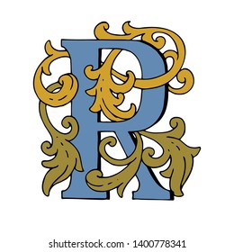 Vector drop cap. English letter R with Russian ornament. For a fabulous design. Capital letter. Making books with fairy tales.