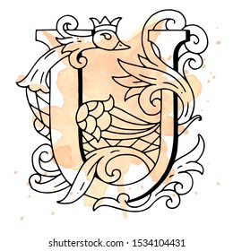 Vector drop cap. English letter U with Russian ornament with a bird. For a fabulous design. Capital letter. Making books with fairy tales. Isolated on watercolor background
