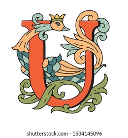 Vector drop cap. English letter U with Russian ornament. For a fabulous design. Capital letter. Making books with fairy tales. Fabulous cartoon bird