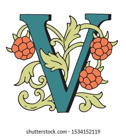 Vector drop cap. English letter V with Russian ornament. For a fabulous design. Capital letter. Making books with fairy tales. Fabulous cartoon berry raspberry